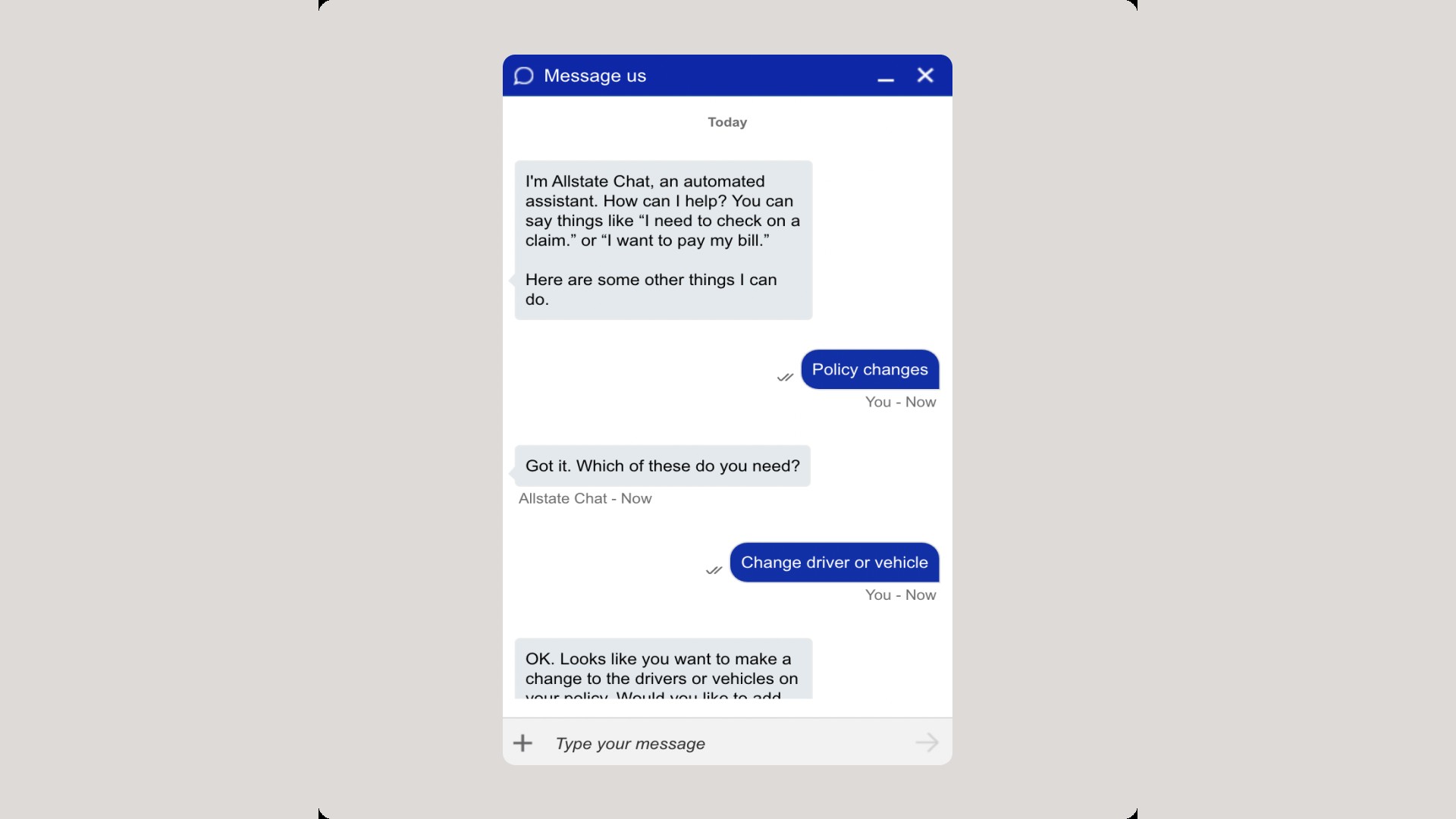 the allstate chat window: an opening message offering options, the user picking policy changes, then change driver or vehicle