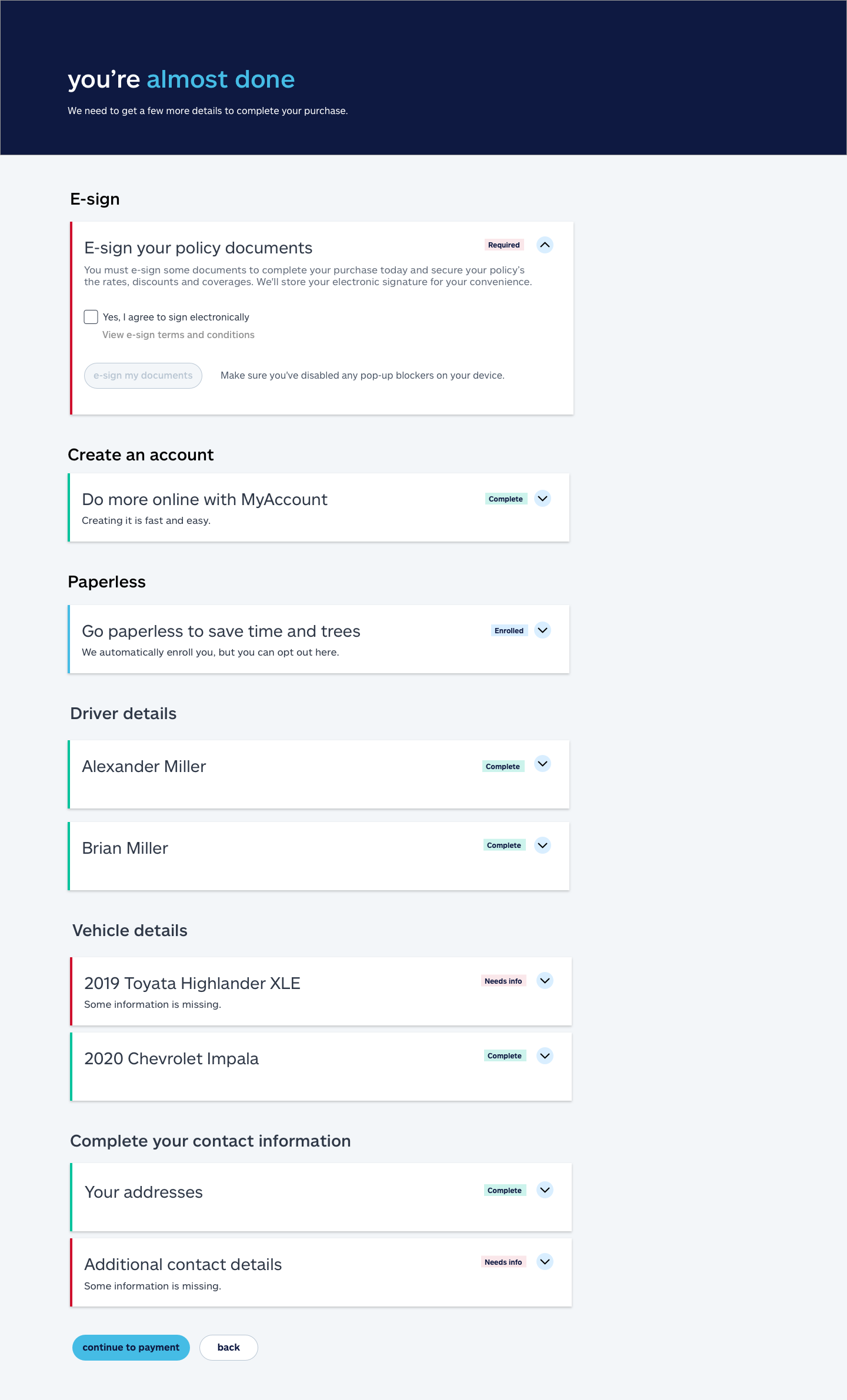 accordion style page using tags and card colors to show completion status