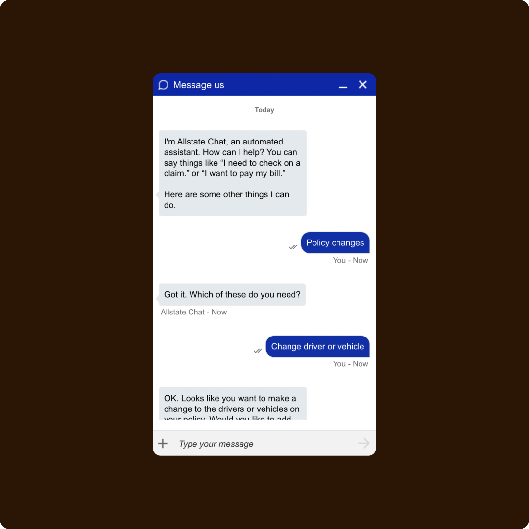the allstate chat widget showing the opening message and policy changes quick reply