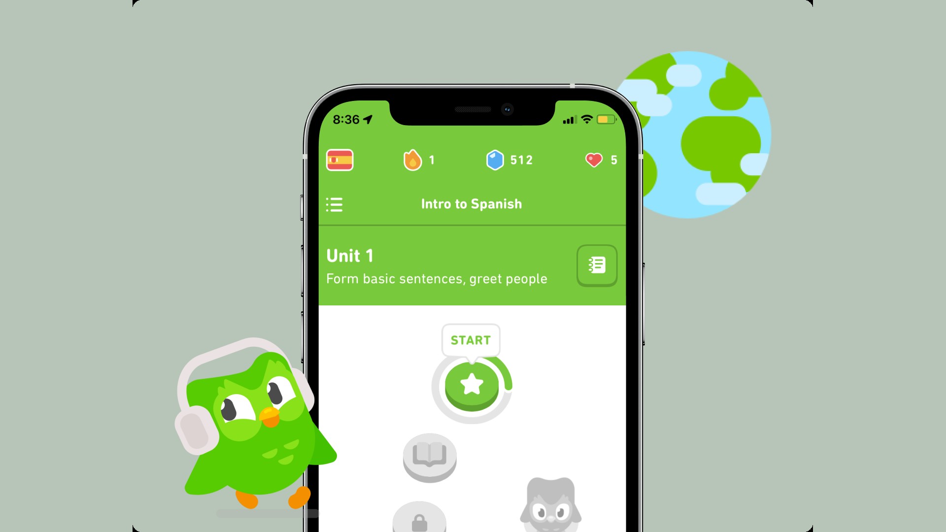 the duolingo app open on intro to spanish, unit 1, with the owl mascot and a start button
