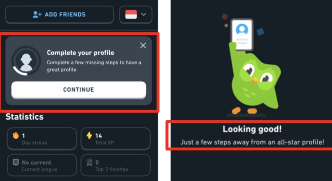 left, the complete your profile prompt still showing on the profile page; right, the end screen reading looking good
