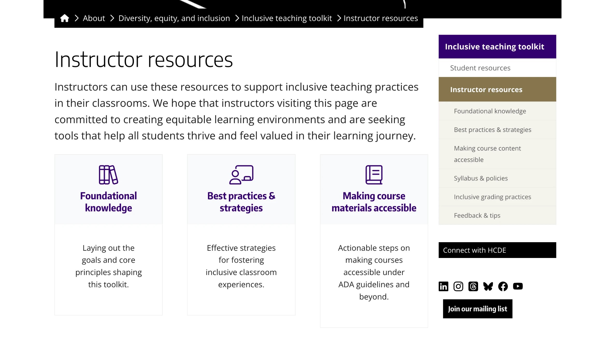 the instructor resources page of the live inclusive teaching toolkit on the hcde site