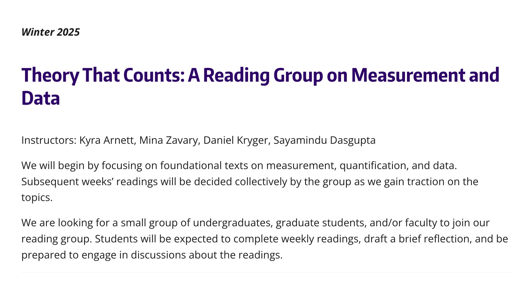 the winter 2025 call for the theory that counts reading group, listing its four instructors and inviting undergraduates, graduate students and faculty