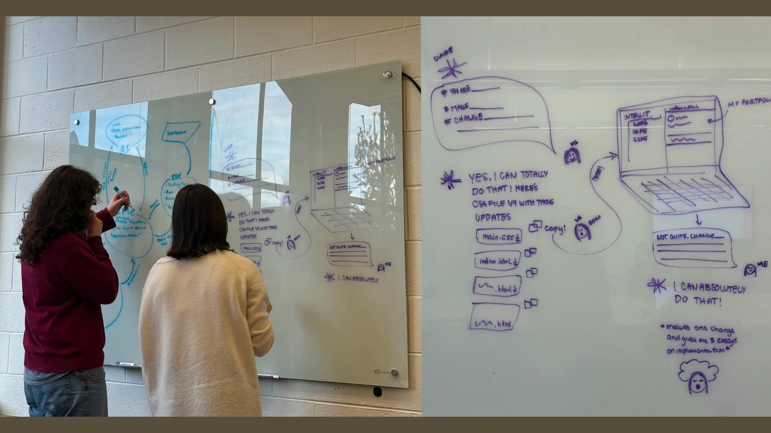 two co-researchers at a whiteboard, beside a redrawn diagram of a vibe coding loop: a prompt, a model replying yes I can totally do that, files copied into an ide, and a reply reading not quite, change